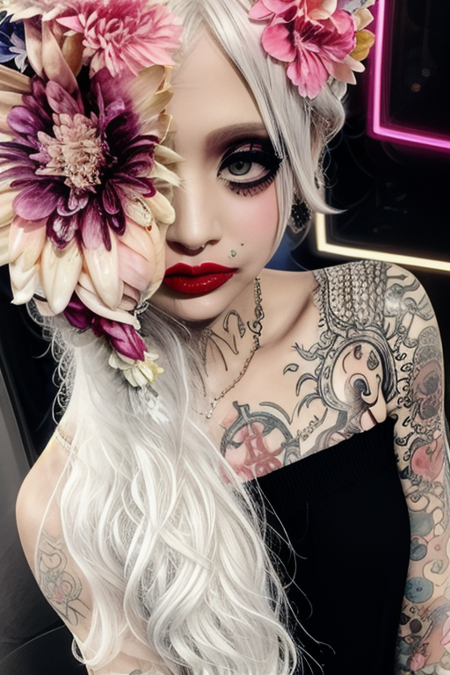 m3t0, long hair, white hair, flower covering the eye, makeup, gray eyes, red lipstick, tattoo, black dress, exposed shoulders