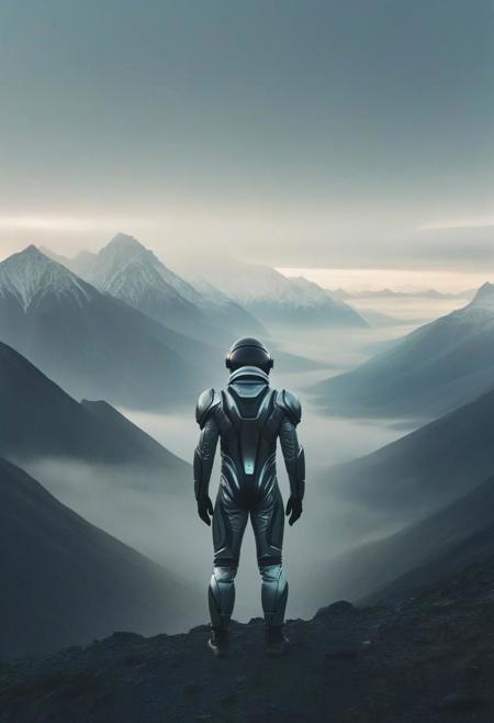 (Minimalist wide angle movie still), man in a futuristic suit, mountains, north nature, muted tones, warm light, cold colors, low contrast, foggy