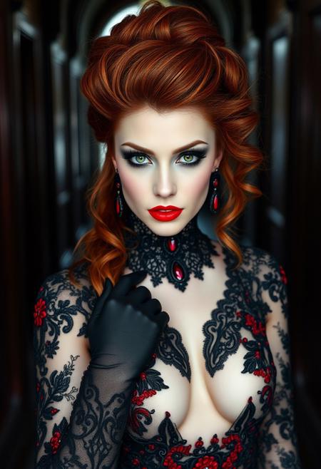 a gorgeous 30 years old caucasian woman, very pale skin, very long red hair in updo with curls hanging down, long black eyelashes, black mascara, black eyeliner defines her beautiful big green eyes, black sparkling smokey eyes eyeshadow, luscious sensual red glossy lips, rouge, sexy elegant curves, black vintage lace choker with ruby gemstone, long black lace gloves and ruby red embroidery, long black vintage lace dress with cleavage and ruby red embroidery, black vintage earrings with ruby gemstone, looking at viewer sensually and dominantly, Gothic hallway