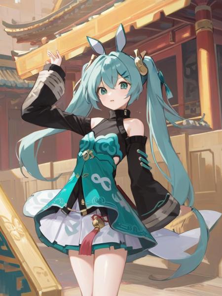 <lora:xl_qingque2:1>,qingque girl,Skirtquest\(clothing)\,hatsune miku,