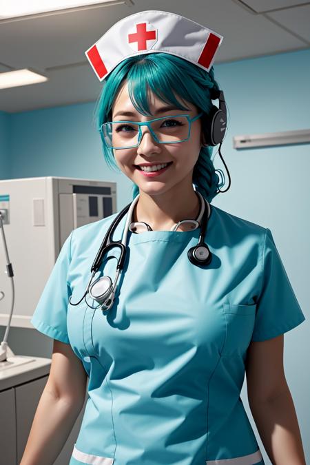(RAW photo, best quality), operating room, overhead surgical light,blurred background, focused, dithering,backlighting, nurse,
((walking,operating room, smiling, hand forward)),
<lora:Sachie Uchiyama:0.67> sachie uchiyama, 3dcg_11, 1girl, solo, breasts, bangs, braid, ((glasses, aqua hair, aqua eyes)),
 <lora:cybr_nrs_v1.0:0.8> cyber_nrs,, 1girl, short sleeves, headphones, nurse cap, nurse, name tag, tinted eyewear, stethoscope,cybernetic, futuristic,