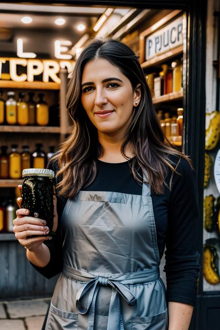 a professional photograph of beautiful (D4rcy:1.1) woman,as a beautiful merchant,wearing a (pearl gray) (shopkeepers apron:1.2)over(black shirt:1.1),holding a (large jar of pickles:1.4),standing in front of a (produce stand:1.1),at a busy street market,on cobblestone street,crowded with shoppers,long hair,lipstick,makeup and eyeshadow,magazine advertisement photoshoot,sharp focus,detailed eyes,(highly detailed),(HDR),(8k wallpaper),intricately detailed,highres,absurdres,hyper realistic,8K UHD DSLR,Fujifilm XT3,taken with (Canon EOS 1Ds camera),extremely intricate,(looking at viewer),4k textures,elegant,(cinematic look),hyperdetailed,PA7_Portrait-MS,<lora:D4rcy_02A-000004:1.1>,