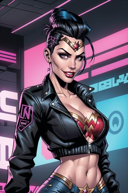 wonder woman, dressed as a punk, shaved side head hairstyle, detailed long hair, wearing short unzipped crop army jacket, crop top, cleavage, smirking, cyberpunk style, professional comic book style, daytime skies