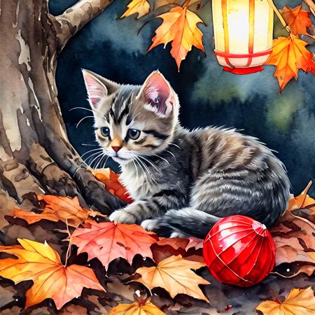 <lora:Jussi_the_neural_cat-000006:0.95>,  watercolor of a  striped kitten in dark autumn forest lies under tree, on a tree hangs red miniature lantern, high detailed, hdr, high resolution,  artdeco, lineart watercolor