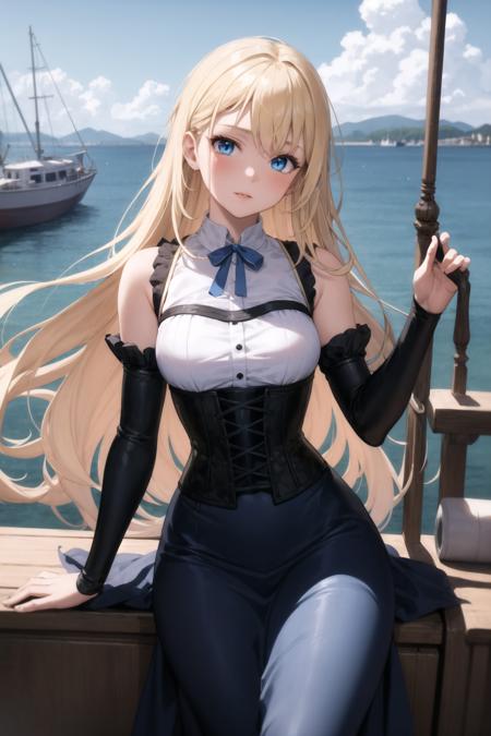 masterpiece, best quality, 1girl, long blonde hair, blue eyes, France, boat, long blue silk dress, ribbons, corset,