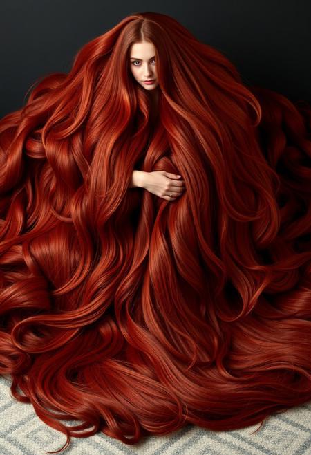 1girl, 1futa, buried in a mound of luxuriant incredible thick abundant voluminous lush sensuous extremely long any single color hair wrapped around the body. extremely long hair, 100-feet of hair, super long hair, real rapunzel, rapunzel, rapunzel long hair, hair fetish, hair job, Dreamgirl, Goddess, gorgeous, amazing hair, longest hair, perfect hair, longest hair ever, hairstyles, hairstyling, hair, Debra Jo hair, extreme hair, extreme long hair, extremely long hair, Debra Jo, extreme longest hair, voluminous hair, thick and luxurious hair which is hangs to the floor and covers it. Her expression radiates confidence as she shows off her thick, luscious locks. super thick soft luxurious long lush sleek heavy voluminous cascading pendulous ultra silky pendulous shampoo commercial hair dragging the ground, around her on floor, hair piles behind her on floor