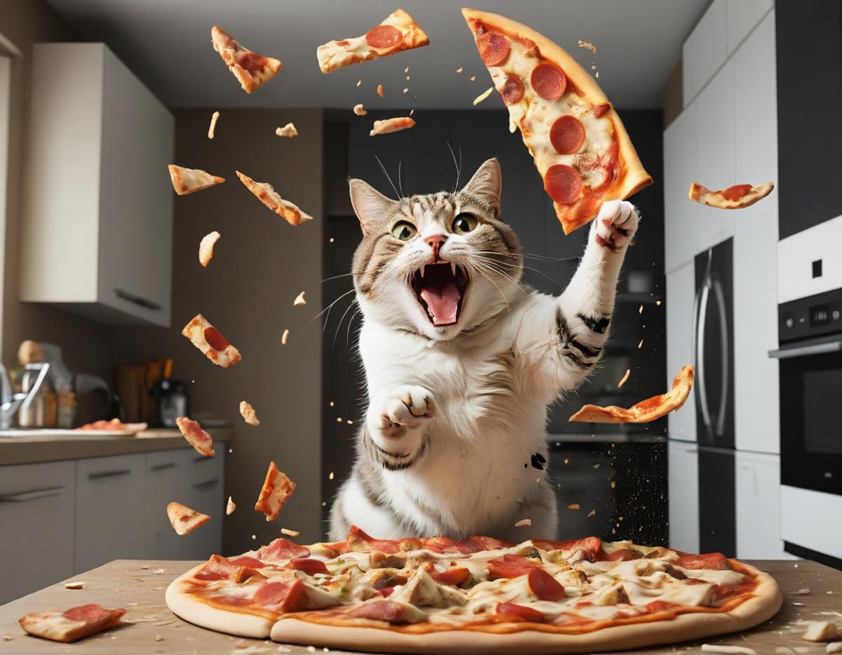 A cat with its mouth open leaps into the air towards a pizza.