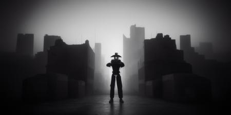 <lora:15MovingMeditations:1>meditation scene: a black and white photo of a person standing in front of a city