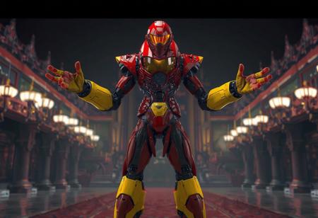 "A high-detail concept art scene featuring a Cyborg Doctor standing confidently against the Zaralaam the Dark Palace background. The Cyborg Doctor is a vibrant mix of red and yellow, with a red helmet featuring a yellow visor. The body is predominantly red, adorned with yellow accents, while the arms and legs are bright yellow, matching the visor. The Cyborg Doctor's arms are outstretched, and its legs are slightly spread, conveying readiness and dynamism. The composition is minimalist, with the Cyborg Doctor as the focal point, drawing the viewer's attention. Rendered in hyper-realistic 3D with Octane Render, the scene showcases lifelike details, sharp lines, and stunning colors. Inspired by contemporary aesthetics and Grammer Effect Style, the image conveys vivid emotions and a powerful message. Trending on ArtStation, 4K, ultra-detailed, and impeccably composed."