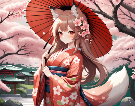 Illustration of a fox girl wearing a traditional Japanese kimono, with a detailed floral pattern and vibrant colors. Her long, flowing hair is adorned with delicate cherry blossoms, and she carries a decorative paper parasol, standing gracefully against a backdrop of a serene cherry blossom garden