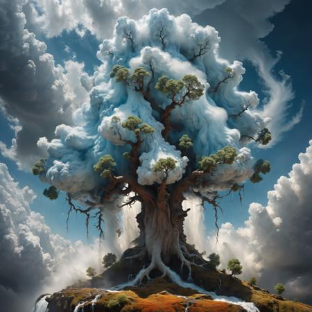 clouds, fluffy gnarly magical tree made out of clouds with static electricity charge,a perfect photography by Andree Wallin,Mark Mann,Marc Simonetti,Albrecht Dürer,wlop,Jeremy Geddes,vibrant colors,intricate artwork masterpiece,impressive,stunning,beautiful,cloudy,fluffy heavenly scenery,amazing depth,hyperdetailed,artistic,nanopunk,surreal waterfall,electric,surreal photorealism,<lora:xl_more_art-full_v1:0.92>,