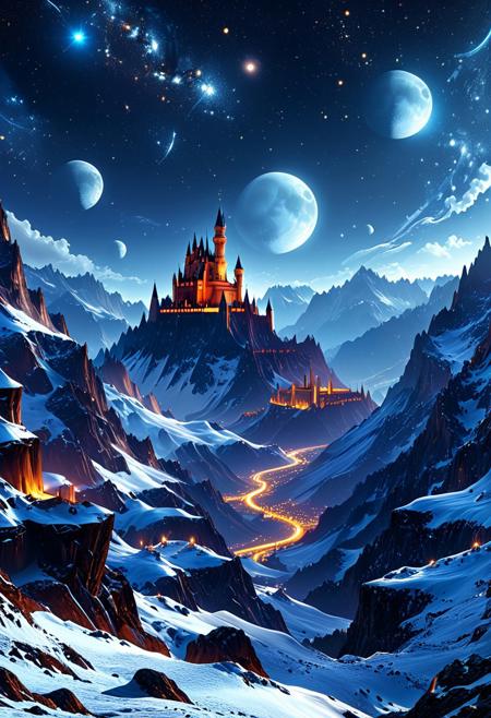 A captivating night scene illustration featuring a bright and inviting futuristic space base on a great  great mountain. The great technologically advanced base and mountain are much like Neuschwanstein Castle in Bavaria. Spaceships fly overhead. This enchanting artwork captures a dark but comforting night, where 2 brilliant moons hang above and over the  great valley  and advanced space fortress which  stands resolute amidst the great mountains, creating a cinematic experience., space_backround, illustration, cinematic
<lora:DonM3t3rn1tyXL-v1.1:0.7>, DonM3t3rn1tyXL,
OverallDetailXL  <lora:MJ52:0.3>  <lora:SDXLFaeTastic2400:0.4>  <lora:EpicF4nta5yXL:0.7>, GhostlyStyle , lthndrtrl