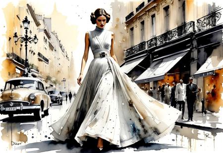 Christian Dior Princess Leia preliminary rough draft ink sketch watercolor wash on off white paper of elegant Haute Couture concept dress with classic Paris street background
painting in the style of artists such as Russ Mills, Sakimichan, Vlop, Leush, Artgerm, Darek Zabrocki and Jean-Baptiste Monge,
