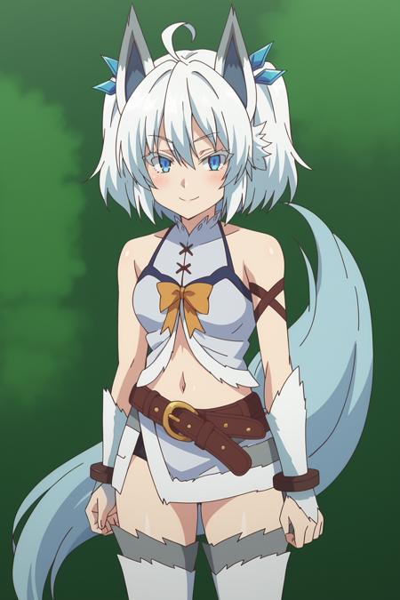 1girl, setsuna \(kaiyari\), kaifuku jutsushi no yarinaoshi, blue eyes, white hair, short hair, ahoge, twintails, hair ornament, wolf tail, wolf ears, colored eyelashes, setsunaout, navel, belt, midriff, bare shoulders, ribbon, thighhighs,  anime coloring, anime screencap,