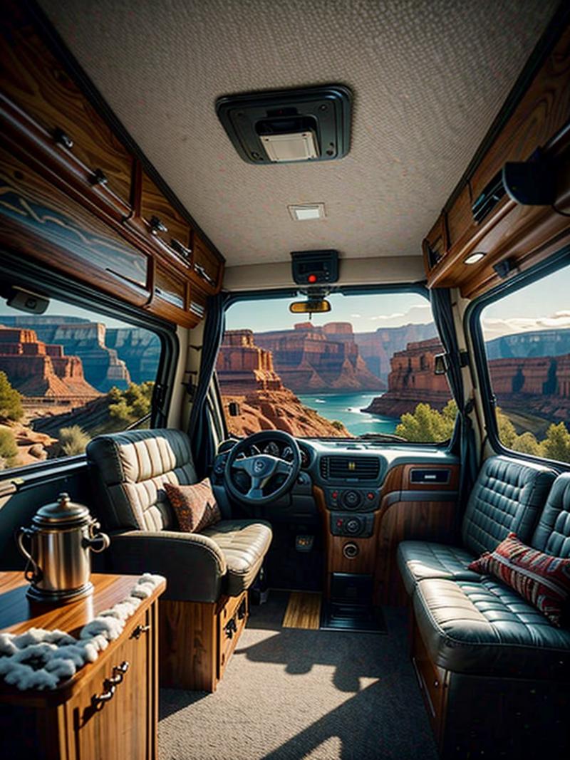 The interior of a luxury RV in a desert landscape.