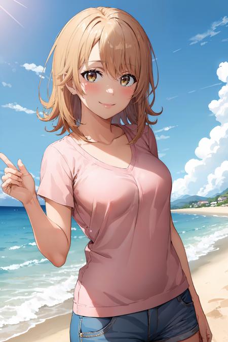 (masterpiece, best quality:1.4), looking at viewer, cowboy shot, smile, blush, iroha isshiki, short hair, shirt, shorts, outdoors, beach, <lora:iroha_isshiki_v1:0.7>