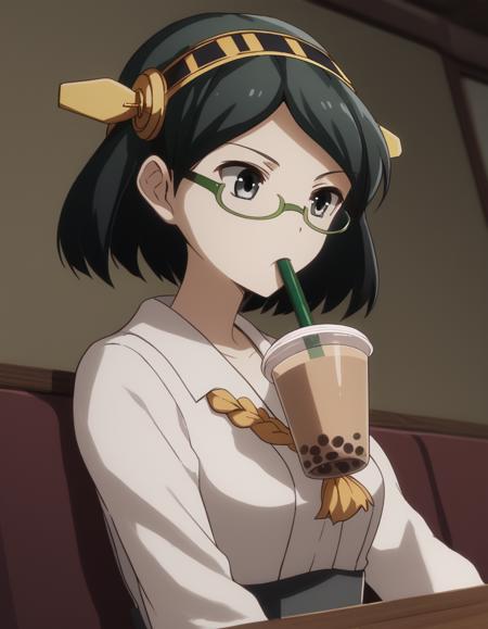 kirishima, short hair, black hair, hairband, glasses, black eyes, semi-rimless eyewear, green-framed eyewear, kirishima (kancolle), medium breasts, bare shoulders, detached sleeves, japanese clothes, nontraditional miko,