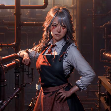 ((grey-red sky visible outside window, technology, ((industrial window) and complicated network of metal pipes on the wall behind her))), <lora:izayoiSakuyaDioBrando_v10:0.5>, ((1girl, sakuya izayoi, bloodstained maid apron)), sharp focus, (dramatic lighting, two-tone lighting, physically-based rendering, raytraced shadows, subsurface scattering), award-winning artstation photo, extremely detailed illustration, (highly detailed, best quality, very detailed background, masterpiece), classic, by Greg Rutkowski, alphonse Mucha, (wlop), (8k, RAW photo, best quality, extremely detailed CG unity 8k wallpaper, huge filesize, ultra-detailed, highres, absurdres), ((Half-Life 2 beta, HL2 concept art)) <lora:HL2Beta002:0.5>