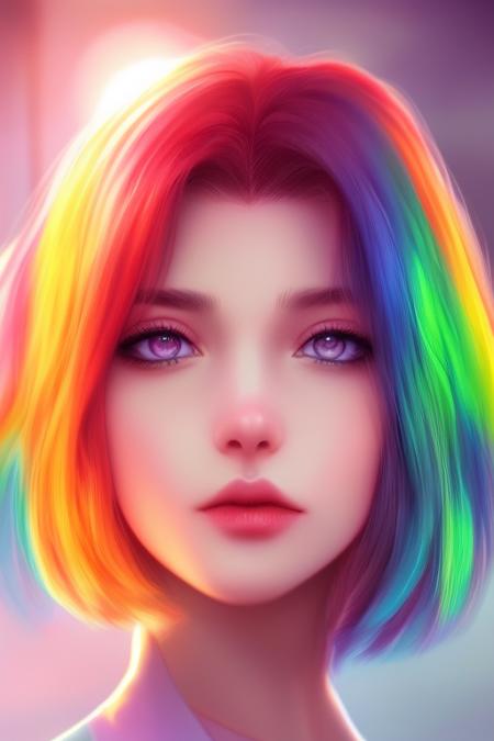 digital illustration style, book cover,  incredibly detailed, 1girl, rainbow hair, kimono, summer time, heterochromia, looking_at_viewer,  short_hair, solo, foggy future cinematic lighting, wlop, art by artgerm, anidzk2