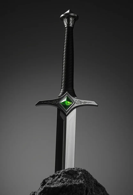 Selective Colouring photo of a sword stuck into a stone, the sword has a green gem in its pommel