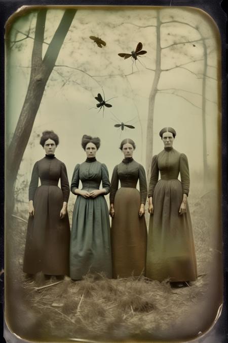 <lora:Albumen Print:1>Albumen Print - _color photographic image_three scary women at different distances from each other_colour_tintype_tintype_daguerrotype_large plate of chipped albumen glass solid oxidized silver halides color_detail cracked glass with dust and insects_three or four strange_mysterious_scary women_in the mist_swamp mist_surrounded