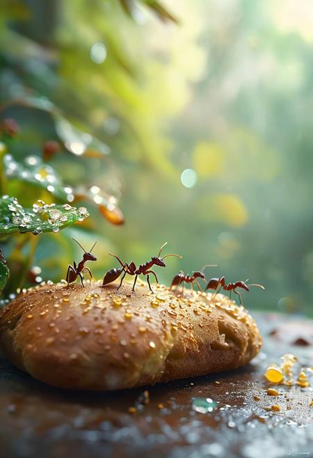 Masterpiece, 32k, 8k, dynamic, (ultra high res:1.4), (masterpiece:1.4), (beautiful lighting:1.4) A group of ants carry a piece of bread  on a table, macro photography, with a bokeh effect and dusts drops, against a fantasy background. Pastel colors create a beautiful nature scene in this digital art. High resolution reveals highly detailed, intricate features of the active ants. The mood is happy, joyful, and vibrant with soft lighting and a dreamy atmosphere. Morning dew adds to the magical feel of this whimsical style fantasy image.