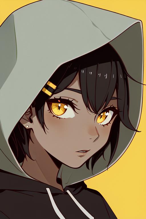 Anime girl, with tan skin, golden eyes, determined expression, black hair,  dark green hoodie, and black skirt, detailed