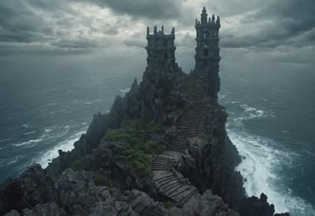 A stunning cinematic photograph of a mysterious rocky island, shrouded in the vast and tumultuous ocean. At the center of the island stands an ancient stone tower, silently looming over the landscape. A spiraling staircase connects the island to the tower, winding sinuously around the structure. As one ascends the stairs, the creatures transform from humanoid monkeys to more human-like beings, then to winged demons taking flight from the tower's peak. The sky is overcast, casting a somber mood over the scene, while the relentless ocean waves crash against the rocks below, adding to the overall atmosphere of mystery and intrigue, Cinematic, Hyperdetailed Photography
