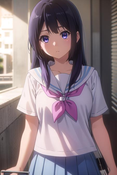 reinakousaka, <lora:reina kousaka s2-lora-nochekaiser:1>,
reina kousaka, kousaka reina, long hair, bangs, black hair, (purple eyes:1.1),
BREAK skirt, shirt, school uniform, white shirt, short sleeves, pleated skirt, serafuku, sailor collar, blue skirt, neckerchief, red sailor collar, school bag, pink neckerchief, kitauji high school uniform,
BREAK indoors, classroom,
BREAK looking at viewer, (cowboy shot:1.5),
BREAK <lyco:GoodHands-beta2:1>, (masterpiece:1.2), best quality, high resolution, unity 8k wallpaper, (illustration:0.8), (beautiful detailed eyes:1.6), extremely detailed face, perfect lighting, extremely detailed CG, (perfect hands, perfect anatomy),