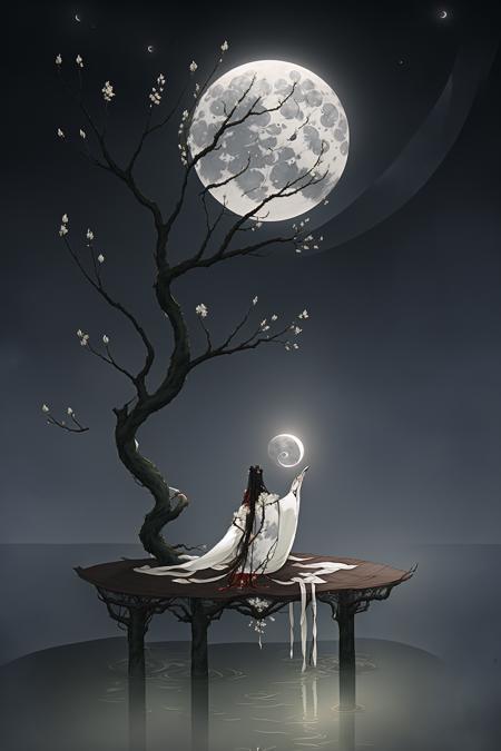 gufeng, moon, tree, solo, water, flower, branch, night, black hair, facing away, shawl, full moon, (1girl), in tree, long hair, sky, sitting, from behind, chinese clothes, hanfu, crescent moon, male focus, standing, outdoors <lora:gufeng-000014:1>