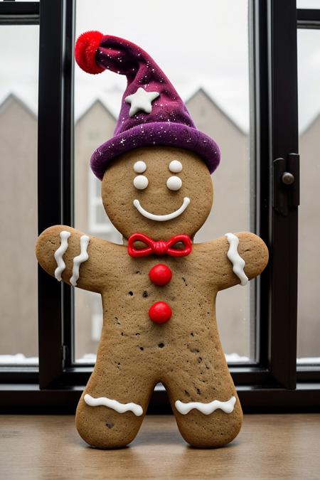 Gingerbread_Man, food, cookie, food focus, no humans, wizard hat, purple hat, white beard, stars, particles, inside, stone wall, window