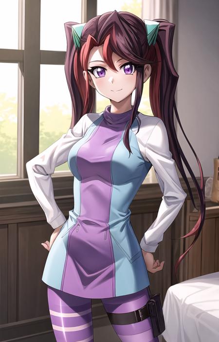 masterpiece, best quality, best aesthetic, anime, ultra detailed, yu-gi-oh! arc-v,
akaba_ray, 1girl, solo, long hair, twintails, purple eyes, long-sleeved shirt, hair ornament, dress, (pantyhose, striped legwear:1.2), thigh strap, cowboy shot, (smile, closed mouth:1.2), looking at viewer, hand on hip, bedroom, sunlight, window, <lora:rayakaba_yugioh_arcv:te=0.5@0.5,0.7@0.5,0.8@0.8:lbw=OUTALL:unet=1@0,0.7@0.5,0.8@0.8>, <lora:more_details:te=1@0,0.7@0.5,0.8@0.8:unet=0.5@0.5> :1.0