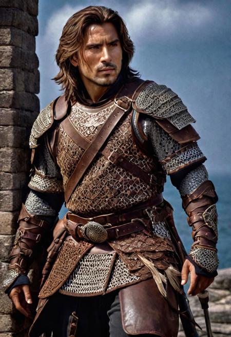 (Masterpiece:1.3), 1man, (heroic fantasy human male warrior:1.8), (full body shot:1.8), (shoulder length brown hair, brown eyes:1.5), experienced mercenary, intricate details, embroideries, scale weathered armor, chainmail, scabbard, sword, used armor