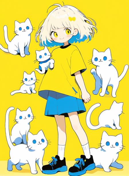 cute comic, 1girl, shirt, yellow shirt, shoes, yellow background, white hair, solo, short sleeves, blue footwear, short hair, simple background, cat, smile, holding, socks, standing, full body, looking at viewer, white cat, white socks, bangs, signature, holding animal, black eyes, blush, holding cat
 <lora:sdxl_cute_social_comic-000002:0.65>