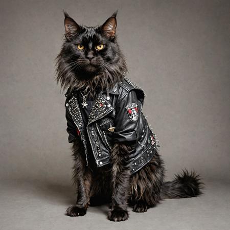 full body, a black Mainecoon cat in punk rock clothing
