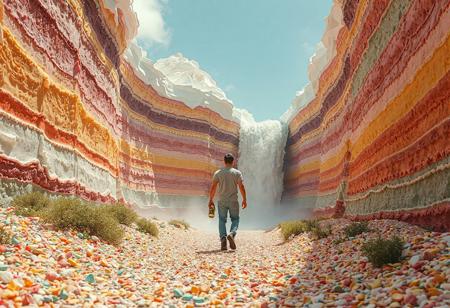 man walking at the bottom of the multi color cake valley. The valley is made from cake and melting cream. walking between towering, huge cake and huge topping cream. canyon of giant layered cake. bush of shiny candies. chip gravel spread along the path. A Bottle pouring a waterfall.