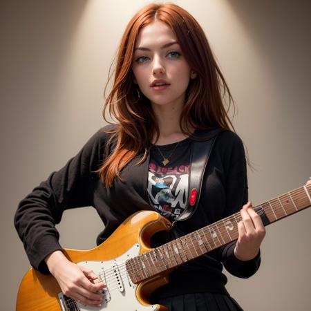 (best quality, masterpiece) A solo redhead woman, with blue eyes and long hair styled on one side up, is captured in a photo, holding an electric guitar, wearing a black skirt and pleated skirt,