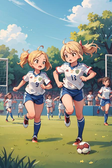 masterpiece,best quality,dramatic, 2girls, running, soccer team uniform, sports uniform, blonde hair, soccer field, crowd, <lyco:GoodHands-beta2:1.0> <lora:more_details:0.3>,