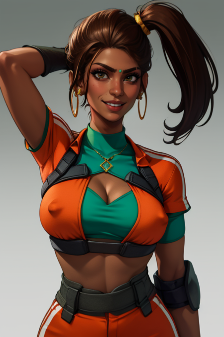 Rampart,dark skin,forehead jewel ,nose piercing, side ponytail ,brown hair, solo, standing, smiling,   upper body,  underboob,  arms on head,  covered nipples, 
RampJS,jewelry,orange jumpsuit with white stripes, knee pads , right glove, green crop top,  cleavage, 
tool shop, morning, grease, oil marks, 
(insanely detailed, beautiful detailed face, masterpiece, best quality) 
 <lora:Rampart-10v3:0.7>