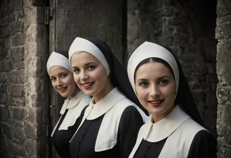 closeup front view, Split Diopter style, busty nuns standing in a row, front view, lustful blushed pureerosface_v1 smiling vintage nuns looking to viewer, Capture the anticipation: A vintage scene unfolds as a group of nuns, clad in white habits and bonnets, cautiously open the doors of an ancient castle. Their faces alight with curiosity and expectation, embodying a moment steeped in mystery and intrigue.
deep blacks, high contrast, atmospheric haze, Film grain, cinematic film still, shallow depth of field, highly detailed, moody, epic, OverallDetail, 2000s vintage RAW photo, photorealistic, candid camera, color graded cinematic, atmospheric lighting, imperfections, natural, shallow dof