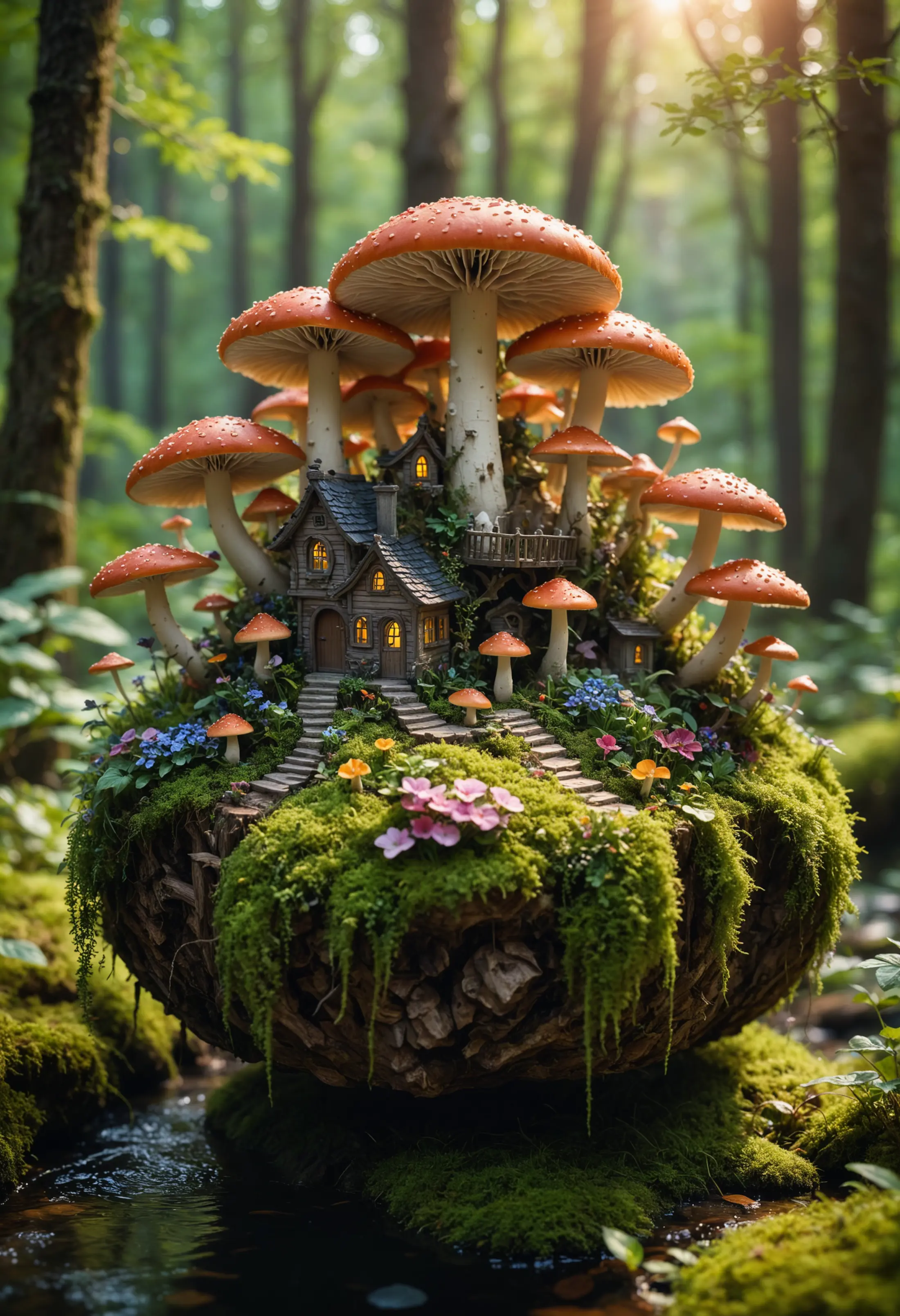 A charming miniature cottage nestled under the caps of large, vibrant orange mushrooms that appear to be growing from a moss-covered mound situated in the middle of a serene forest stream. 