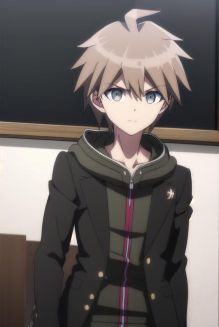 makotonaegi, <lora:makoto naegi s1-lora-nochekaiser:1>,
makoto naegi, short hair, bangs, brown hair, hair between eyes, (brown eyes:1.3), ahoge, male focus,
BREAK long sleeves, collarbone, jacket, black jacket, hoodie, hood down, green hoodie,
BREAK outdoors, classroom,
BREAK looking at viewer, (cowboy shot:1.5),
BREAK <lyco:GoodHands-beta2:1>, (masterpiece:1.2), best quality, high resolution, unity 8k wallpaper, (illustration:0.8), (beautiful detailed eyes:1.6), extremely detailed face, perfect lighting, extremely detailed CG, (perfect hands, perfect anatomy),