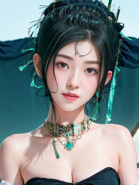 beautiful, masterpiece, best quality, extremely detailed face, perfect lighting, 1girl, solo,

bangs, bare_shoulders, black_hair, big breasts, cape, cleavage, collarbone,green dress, gloves, gradient,  hair_bun, hair_ornament, hair_stick, jewelry, (mole:0.5), necklace, smile, solo, thighhighs, <lora:punishingGreyRaven_V20:0.9>

best quality, ultra high res, photorealistic,extremely detailed background,
ultra detailed,
masterpiece, best quality, <lora:irene_v3:0.8>,irene1,