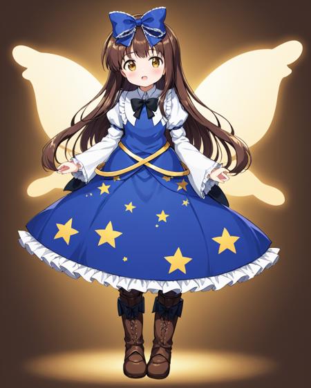 star sapphire,1girl, solo, star_\(symbol\), hair_bow, boots, fairy_wings, full_body, wide_sleeves, bowtie, star_print, juliet_sleeves, dated, standing, own_hands_together, looking_at_viewer, frills, blue_dress, black_bow, sidelocks, blush, open_mouth
<lora:star_sapphire_image1386_2023-12-20-000012:1>,star-shaped_pupils,symbol-shaped_pupils,. gorgeous,key visual, vibrant, studio anime,award-winning, professional, highly detailed,high budget, cinemascope