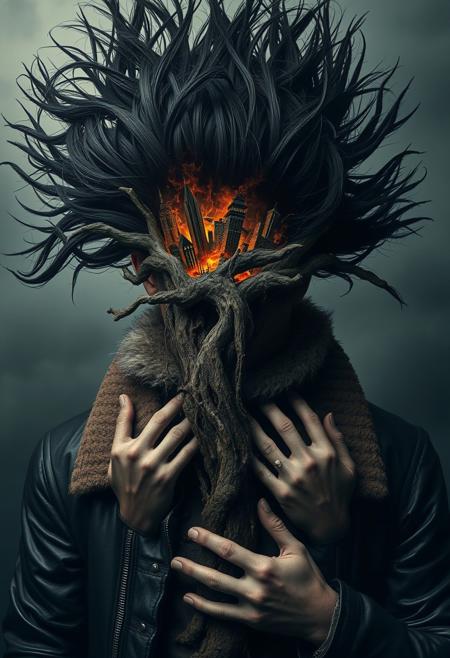 Tree: Dark, moss-covered bark, central focus of the image
Lighting: Soft and diffused, minimal highlights, emphasizing eerie shadows
Mood: Creepy, mysterious, and otherworldly
Hair: Wild, windswept black hair with exaggerated spikes, adding dynamic energy
Cityscape: Miniature burning city integrated into his head, with flames, smoke, and crumbling buildings
Clothing: Heavy leather jacket with fur-lined collar, detailed texture, dark tones
Atmosphere: Intense, apocalyptic, and surreal, symbolizing destruction and chaos
Subject: Tree entwined by multiple human-like arms
Style: Hyper-realistic surrealism with intricate details and dramatic contrasts