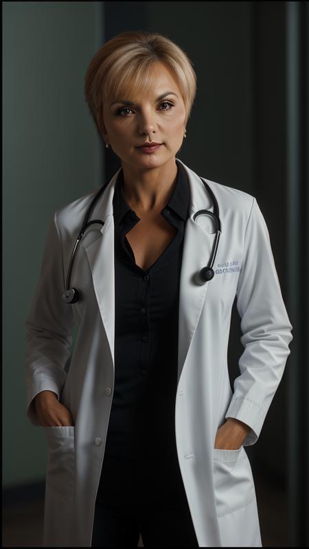 young sexy <lora:Teryl_Rothery:1> teryl_rothery, in a doctors coat with a stethoscope around her neck, taking notes while giving an exam, 8k, highly detailed, photography, 35 mm, realistic, depth of field, photorealistic, fine texture, volumetric lighting, detailed skin texture, subsurface scattering