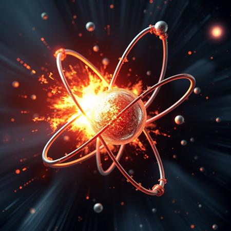 3d atoms desintegrating, electrons on orbits, nucleus, explosions, fire lights, pirticles explosions
