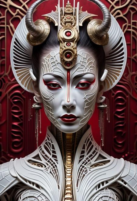 A surrealistic portrait of a white geisha is transformed into a biomechanical masterpiece inspired by H. R. Giger. The background is integrated with the geisha, revealing a symmetrical biomechanical design with metallic textures. The color scheme is dominated by light silver and dark crimson, with gold accents highlighting the intricate patterns. The composition is symmetrical, seamlessly blending organic and mechanical features to create a surreal, otherworldly atmosphere,kimono,red background
