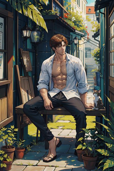 masterpiece, best quality, 1 male, adult, handsome, tall muscular guy, broad shoulders, finely detailed eyes and detailed face, extremely detailed CG unity 8k wallpaper, intricate details, best ratio four finger and one thumb, best light and shadow, background is back alley, detasiled sunlight, sitting, Little cats are gathered next to him, dappled sunlight, day, plants, summer, depth of field