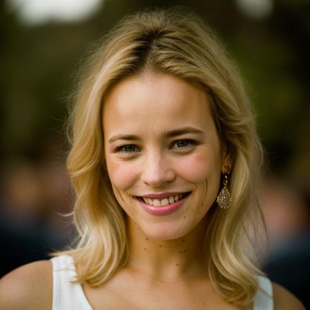 Realistic photo of a beautiful r4ch3lm-v2 woman, 1girl, solo, long hair, looking at viewer, smile, (((blonde hair))), jewelry, upper body, earrings, teeth, mole, grin, lips, mole under eye, messy hair, portrait, freckles, realistic, mole on neck, mole on cheek, soft lighting, professional Photography, Photorealistic, detailed, RAW, analog, sharp focus, 8k, HD, DSLR, high quality, Fujifilm XT3, film grain, award winning, masterpiece<lora:r4ch3lm-v2:1.0>